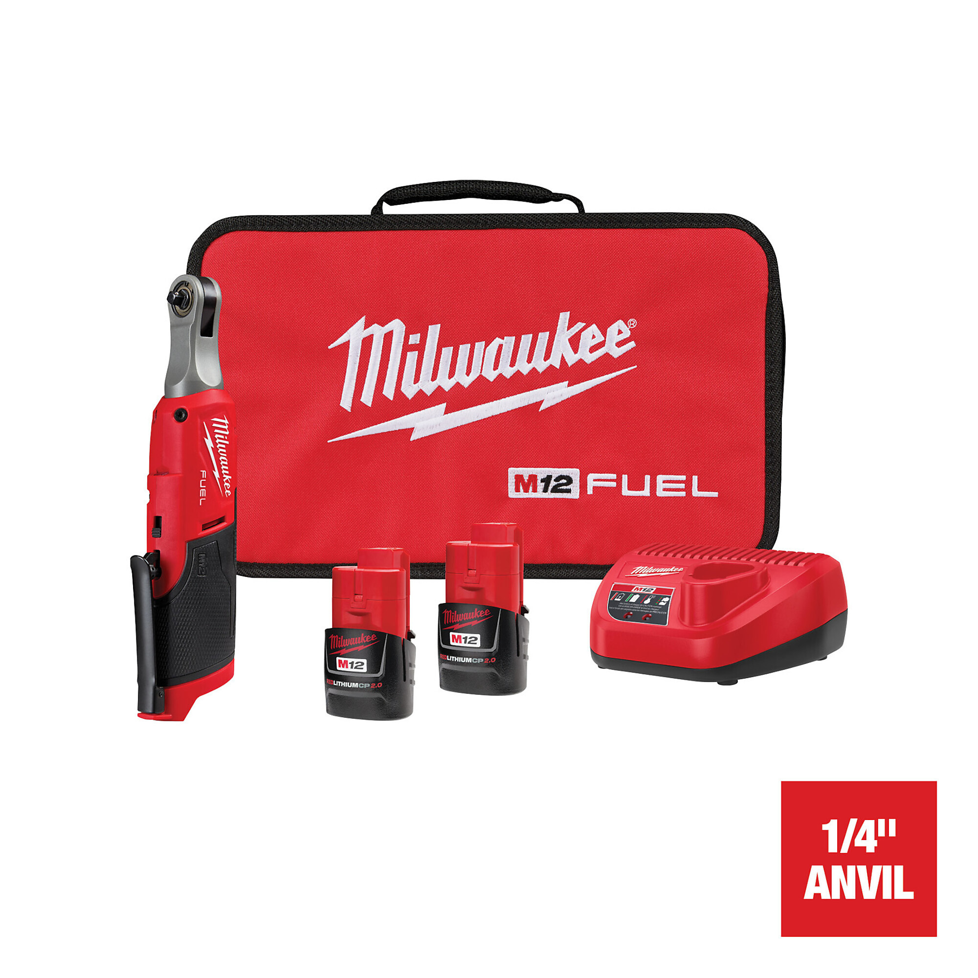Milwaukee M12 FUEL Cordless 1/4in. High-Speed Ratchet Kit, 2 Batteries, 35 Ft./Lbs. Torque, Model# 2566-22